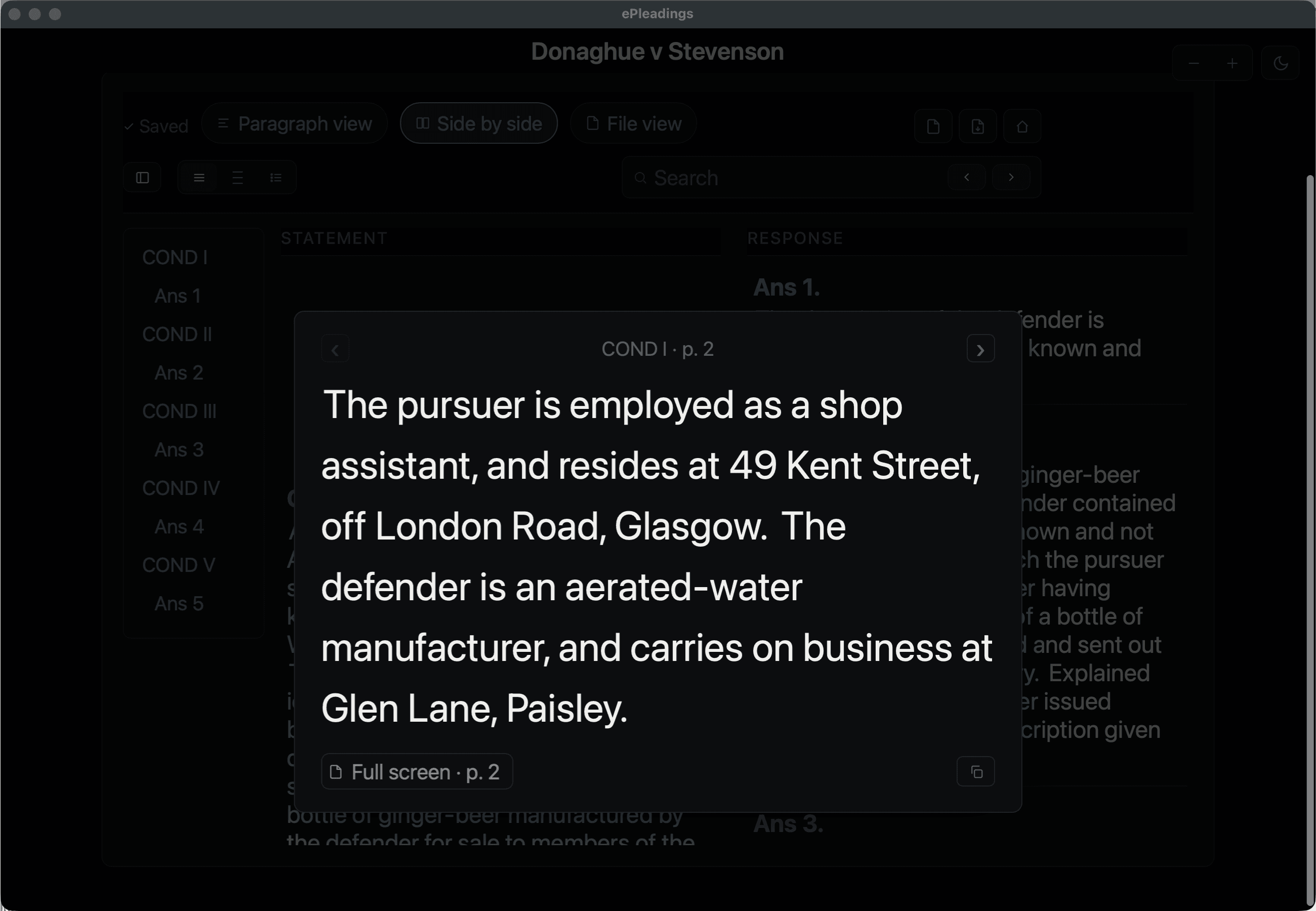 ePleadings Featured View in dark mode highlighting a paragraph in the Donoghue v Stevenson pleading