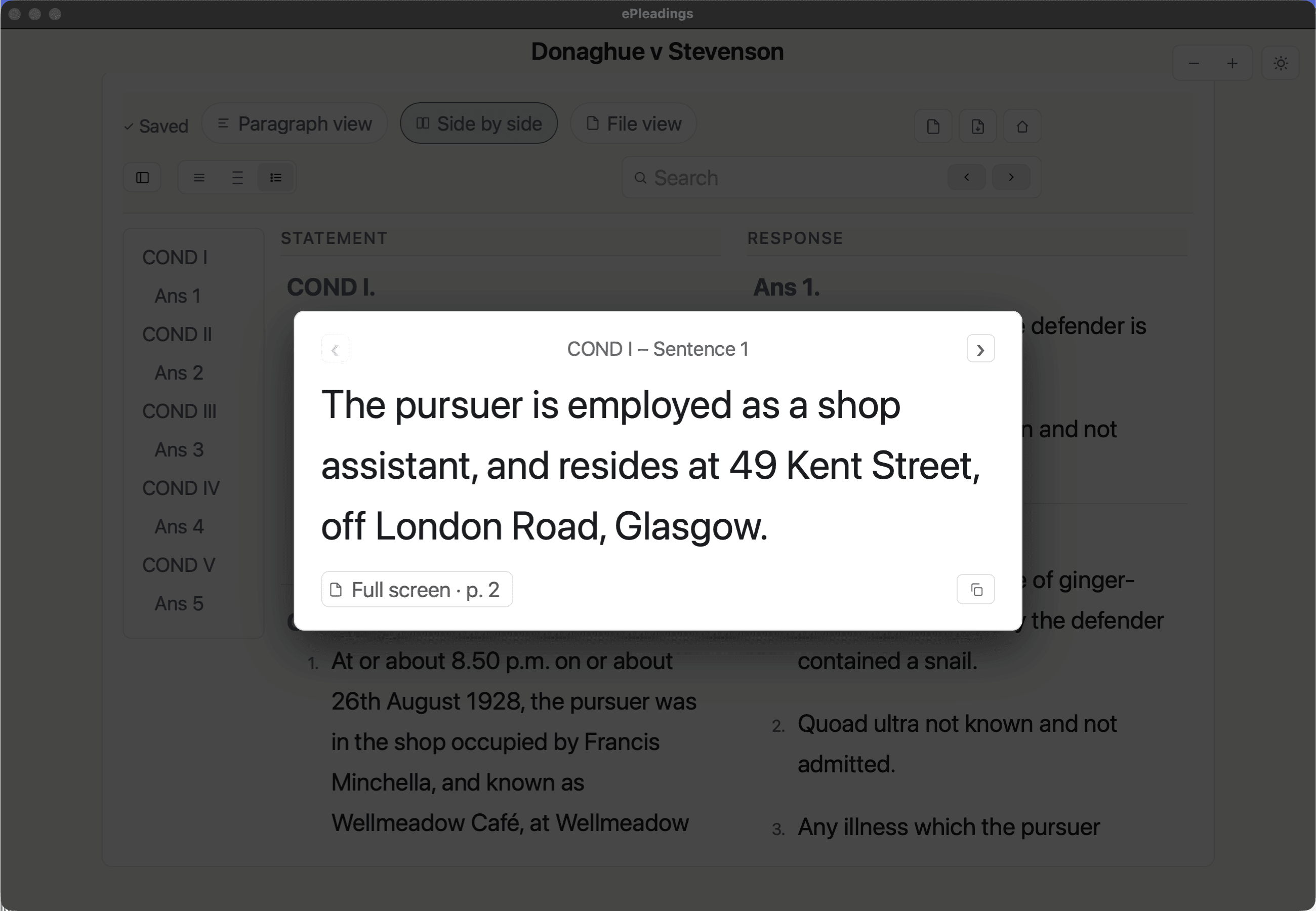 ePleadings Featured View highlighting a single sentence in the Donoghue v Stevenson pleading
