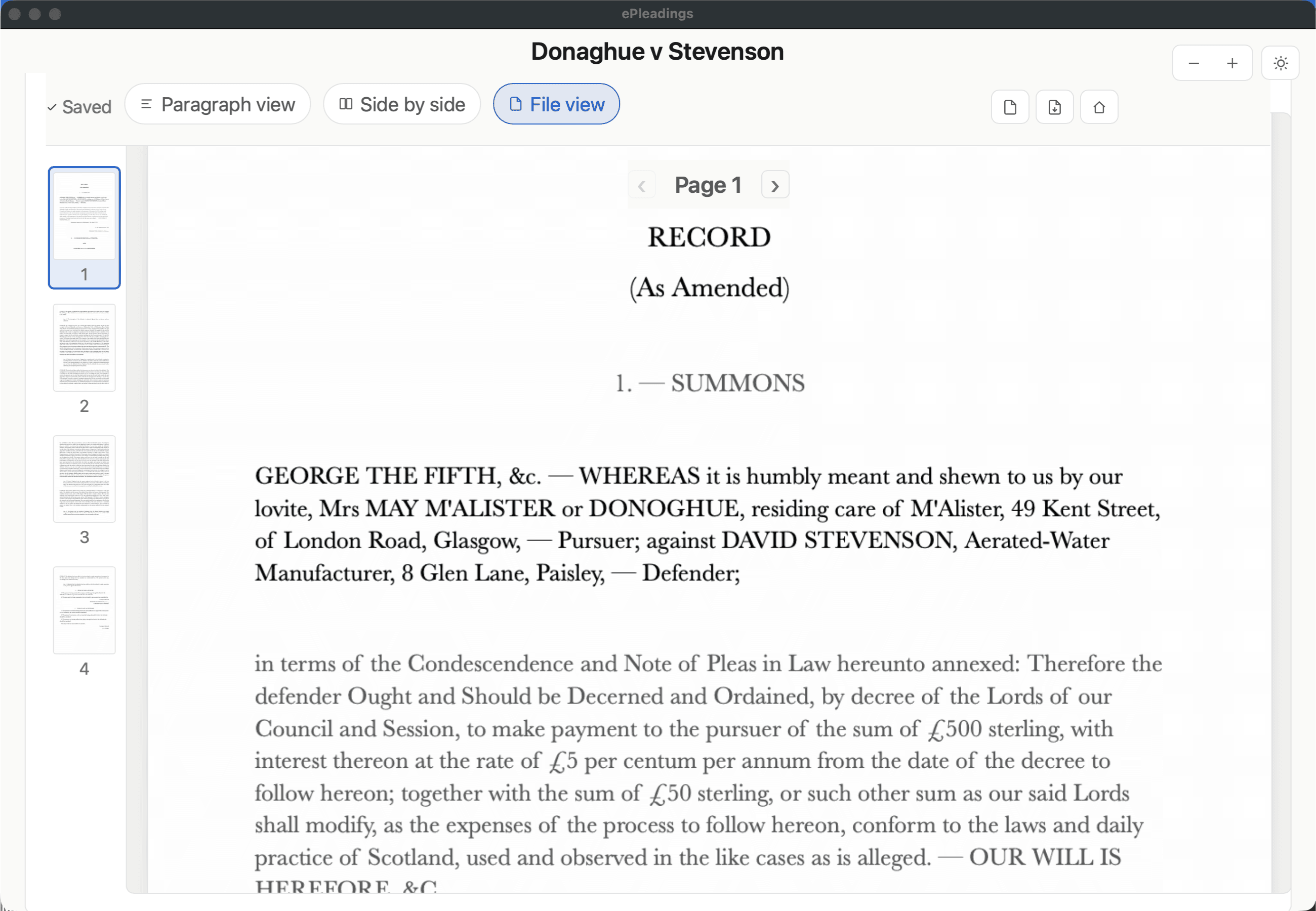 ePleadings File View showing the Donoghue v Stevenson pleading