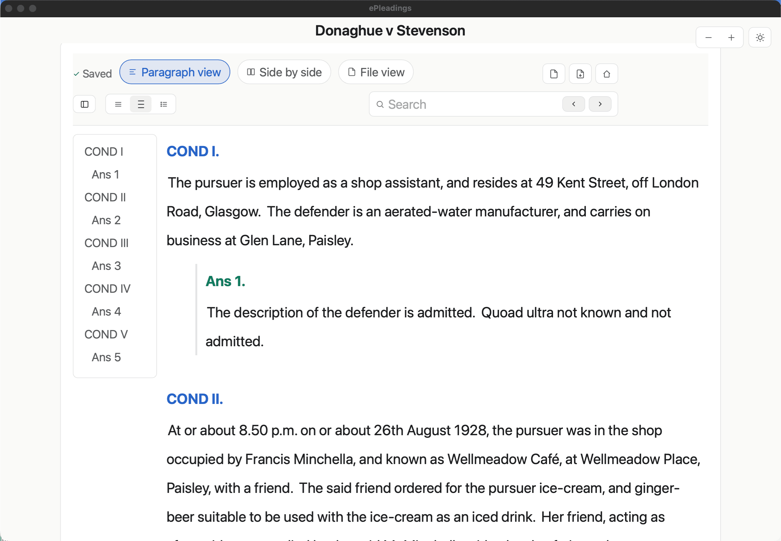 ePleadings Paragraph View showing the Donoghue v Stevenson pleading