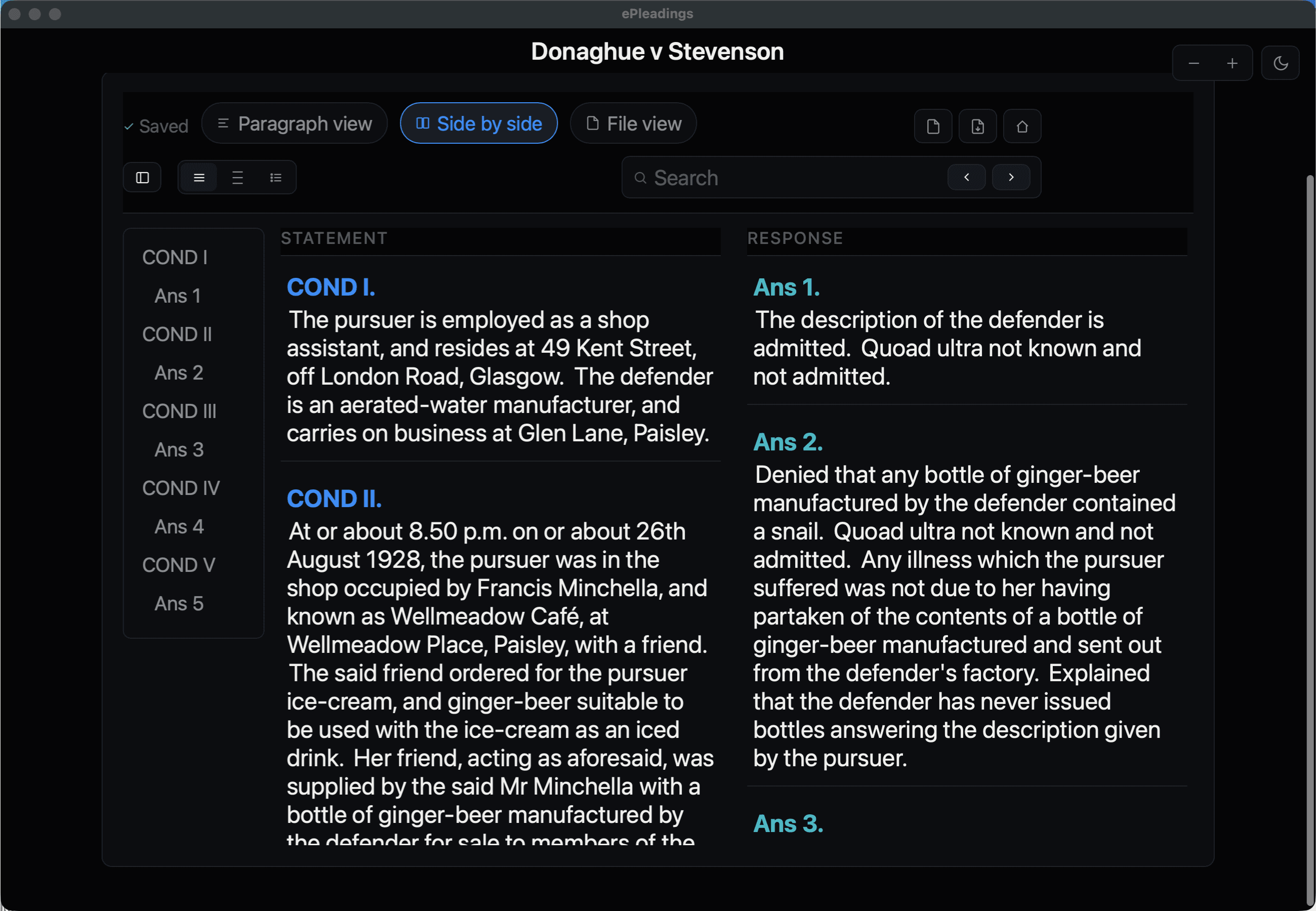 ePleadings Side-by-Side View in dark mode showing the Donoghue v Stevenson pleading