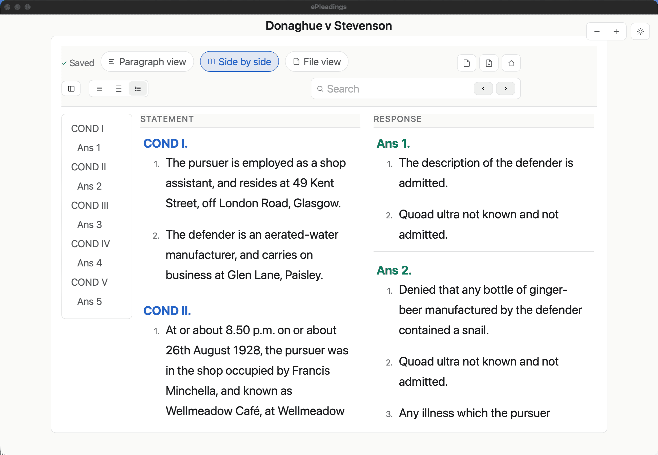 ePleadings Side-by-Side View showing the Donoghue v Stevenson pleading