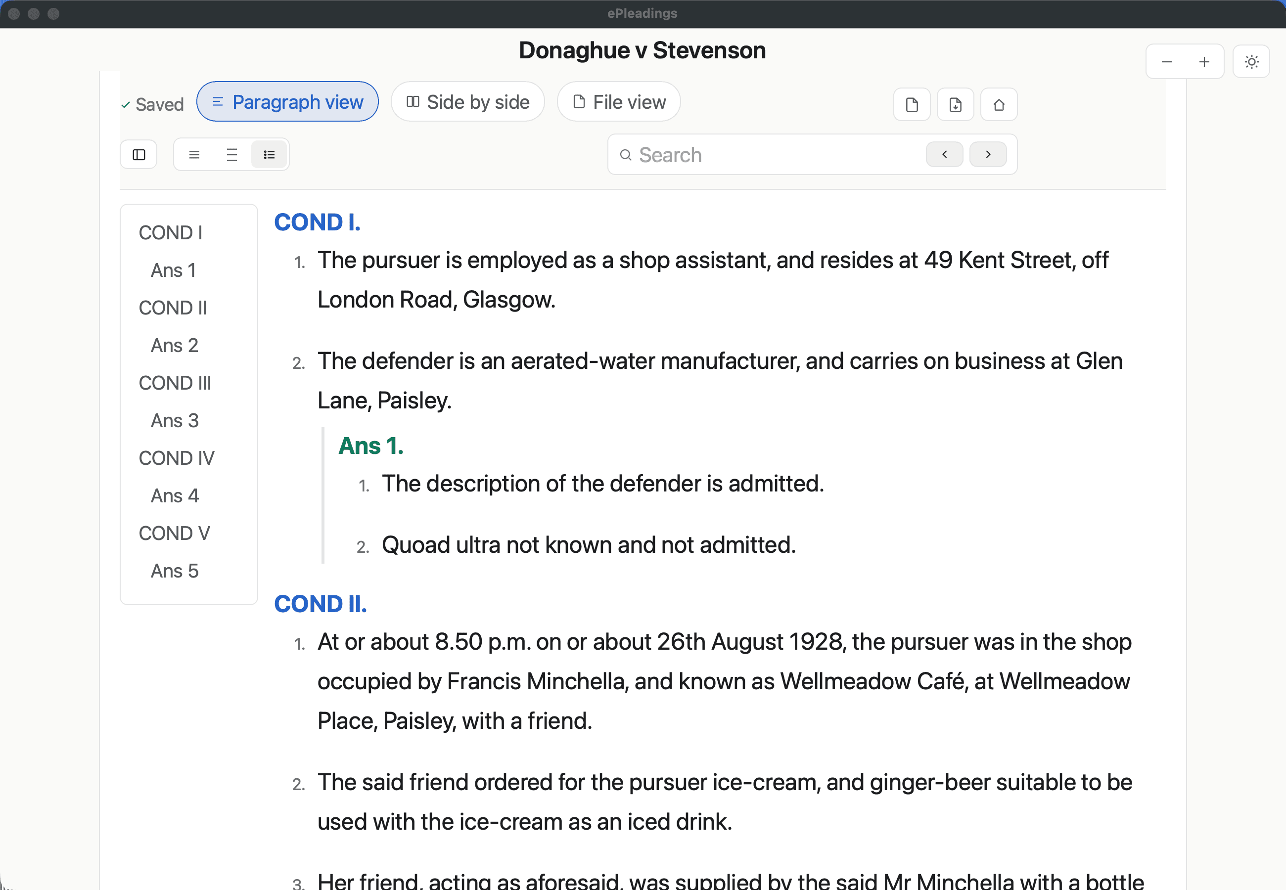 ePleadings Split Sentence View showing the Donoghue v Stevenson pleading